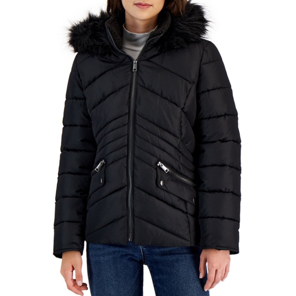 Faux-Fur-Trim Hooded Puffer jacket